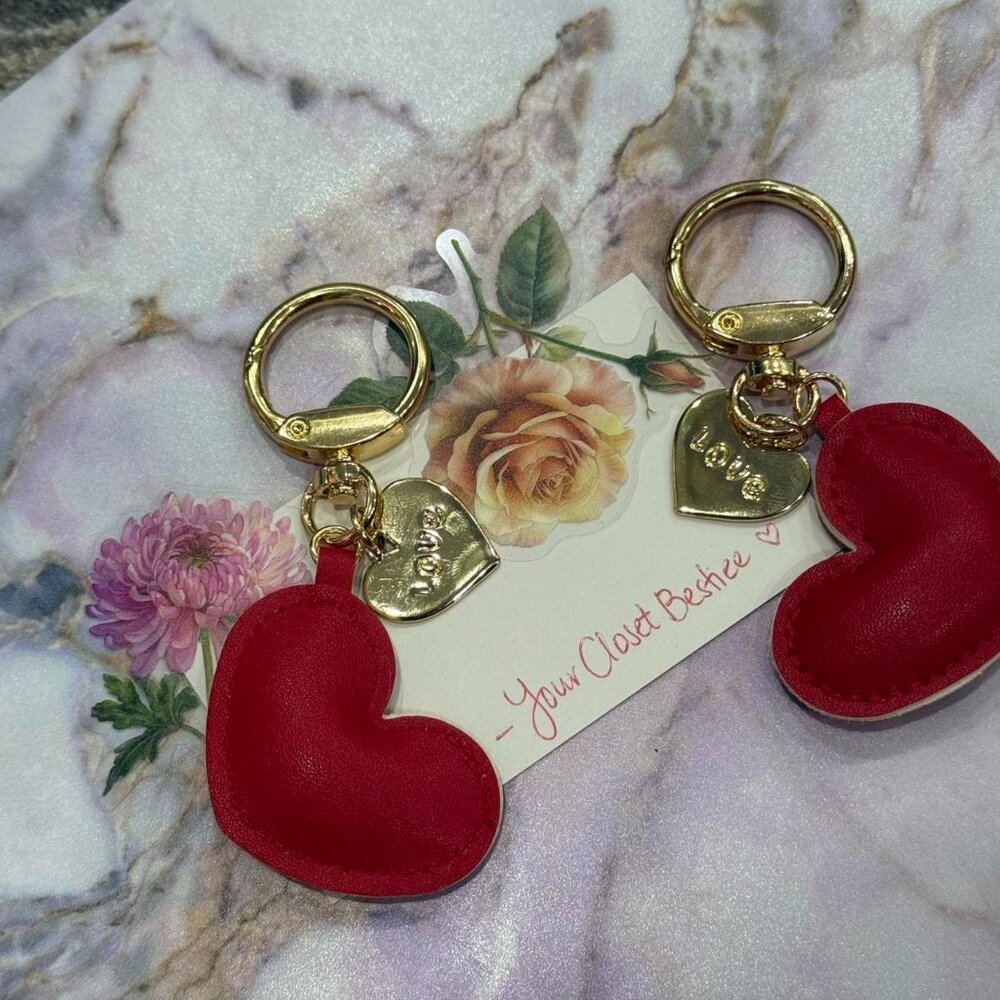 Red Leather Heart Keychain With Gold Hardware & LOVE on a metal heart - NEW - Picture 5 of 5